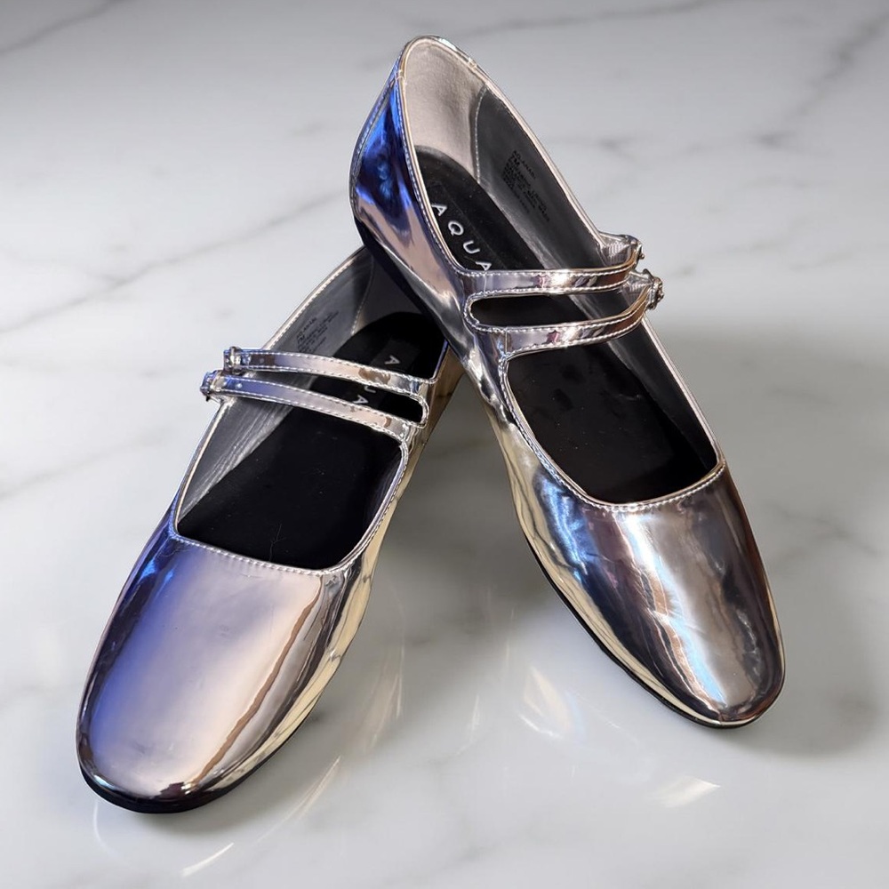 Aqua NWOT Sz 7M Silver Metallic Women's Double Strap MaryJane Flats (SH203)